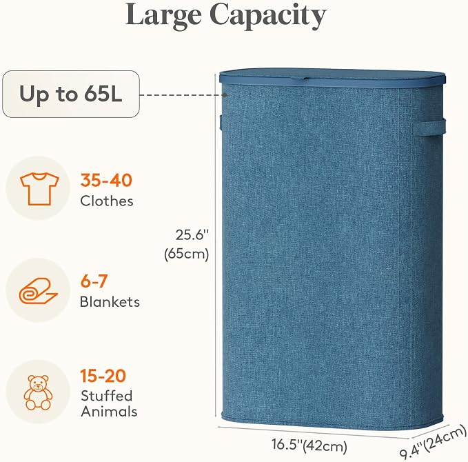 Lifewit Slim Laundry Basket with Lid and Removable Bag, 65L, Dark Blue | Collapsible Narrow Laundry Hamper, Skinny Washing Basket with Plastic Frame, Dirty Clothes Organiser for Laundry, RV, Dorm
