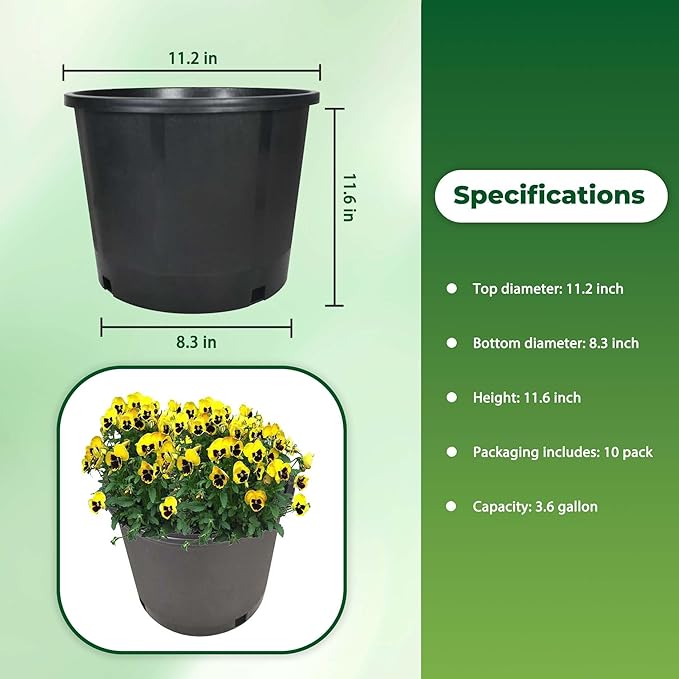 10 Pack 5 Gallon 11inch Black Nursery Pot Planter Grower Flower Pot Garden Seedling Planters Containers, Plastic Injection Molded Pots with Drainage Holes