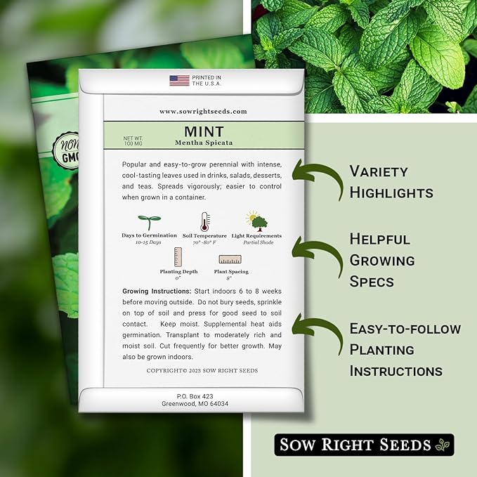 Sow Right Seeds - Mint Seed for Planting - Non-GMO Heirloom Packet with Instructions to Plant an Herbal Tea Garden - Indoors or Outdoor - Perennial and Fragrant - Hydroponics and Kitchen Gardening (2)