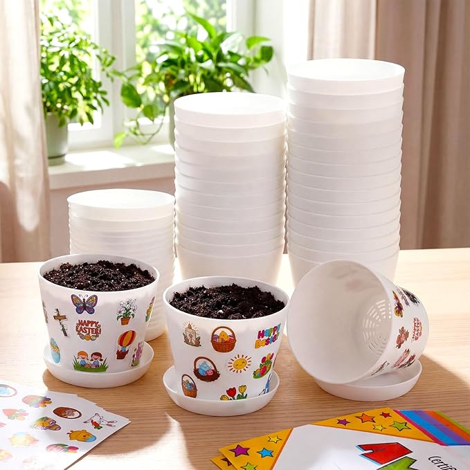 Domensi 30 Pack Garden Pot Craft Kit 4 Inch DIY Happy Easter Crafts for Kids Bulk Small Plastic Spring Flower Plant Pot Plastic Planter with Tray Drainage Holes with Tag, Certificate of Award, Sticker