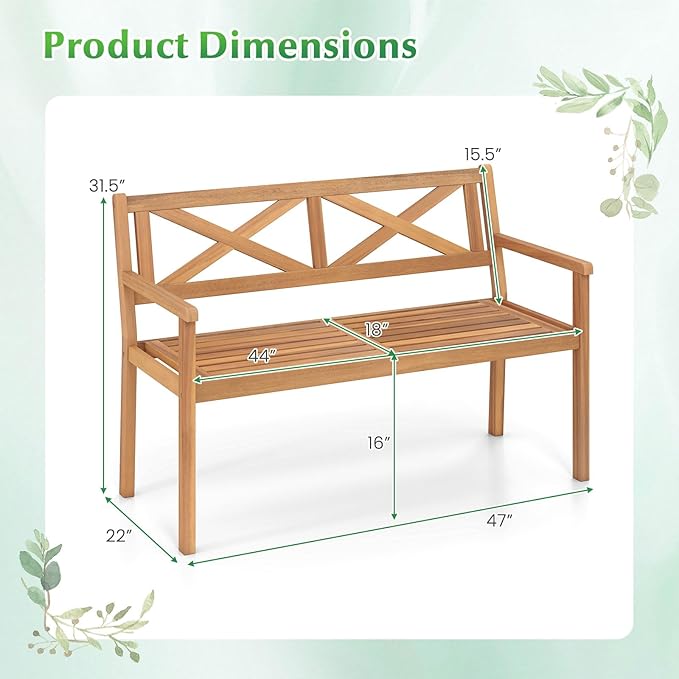 Tangkula Acacia Wood Outdoor Loveseat Bench, 2-Person Patio Garden Bench with Armrests & Backrest, Slatted Wooden Outside Seating Furniture for Backyard, Porch, Deck (X-Shaped Backrest)