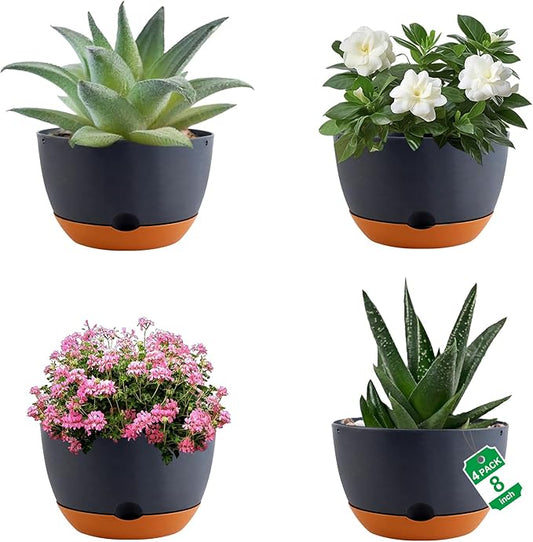 Nooulap 4 Pack Self Watering Pots for Indoor,8 Inch Plant Pot Outdoor Plastic Flower Pot with Drainage and Saucers(Grey)