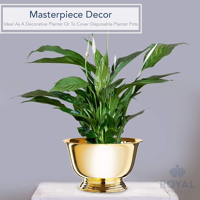 Royal Imports 8" Decorative Plastic Planter Pedestal Bowl- Flower Pot Cover, Footed Succulent Dish for Wedding, Party, Garden, Home and Holiday Decor, Gold, 2 Pack