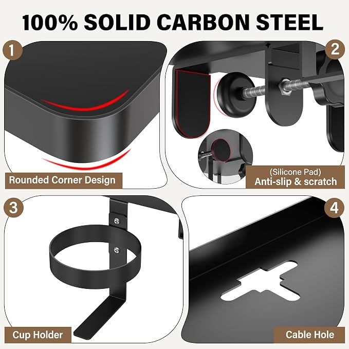 Bedside Shelf Metal Shelf for Dorm Room Clip On (Black) | 2-Tire Fan Shelf College Dorm Room Essentials, Bunk Bed Space Saving Nightstand For Loft Beds With Removable Cup & Holder