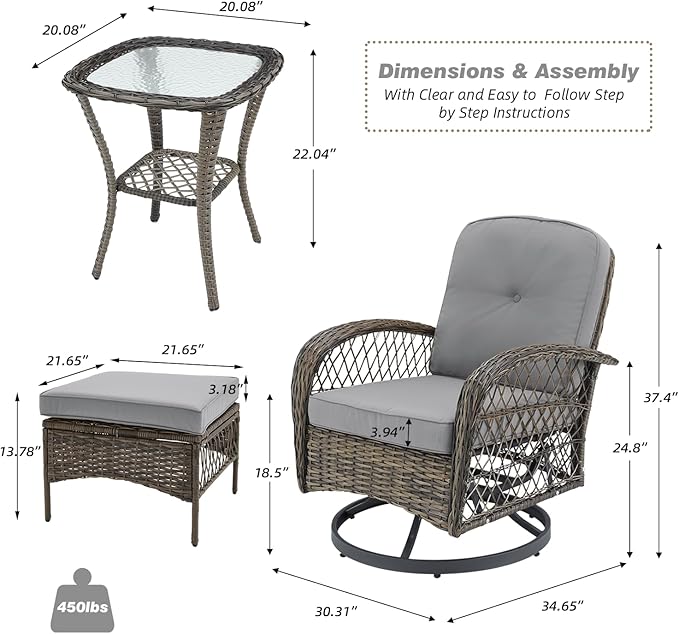 MELLCOM 5 Pieces Patio Furniture Set, Outdoor Swivel Rocker Patio Chairs with Ottomans, Wicker Conversation Set with Rocking Chair, Thickened Cushions, Glass Coffee Table for Backyard, Grey