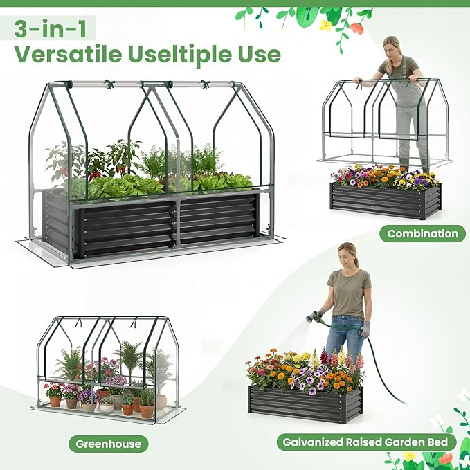 HAPPYGRILL 4 x 2 x 3 FT Galvanized Raised Garden Bed with Cover, Metal Elevated Planter Box with Dual Roll-up Windows for Vegetables Herbs Flowers, Mini Greenhouse for Outdoor Patio Balcony (Black)