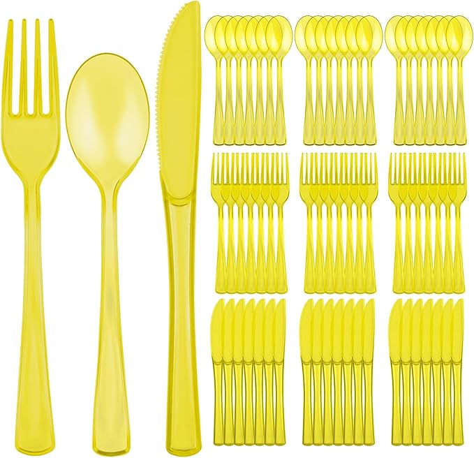 75 PCS Plastic Silverware Disposable Silverware Heavy Duty Utensil Sets 25 Of Each Forks Knives & Spoons Disposable Cutlery Set For Easter,Birthday,Baby Shower,Garden Party,Wedding(75,Yellow)