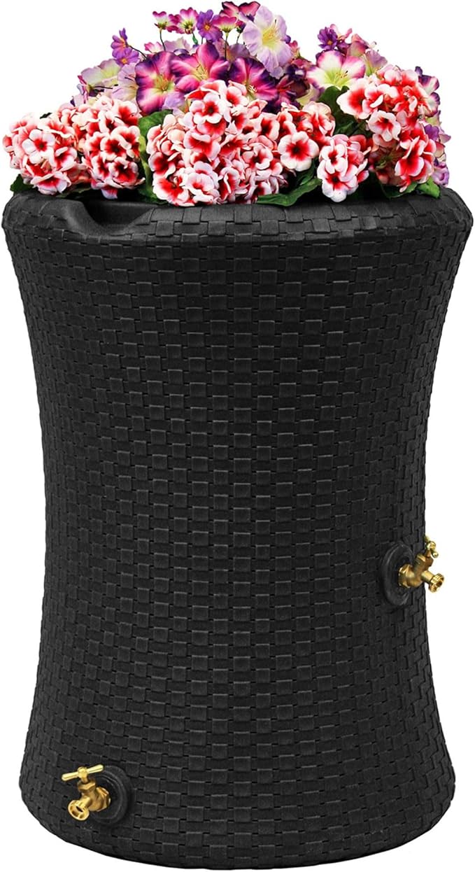 Good Ideas Impressions 50 Gallon Nantucket Outdoor Home Rain Barrel Water Storage Collector with Garden Planter and Brass Spigot, Black (3 Pack)