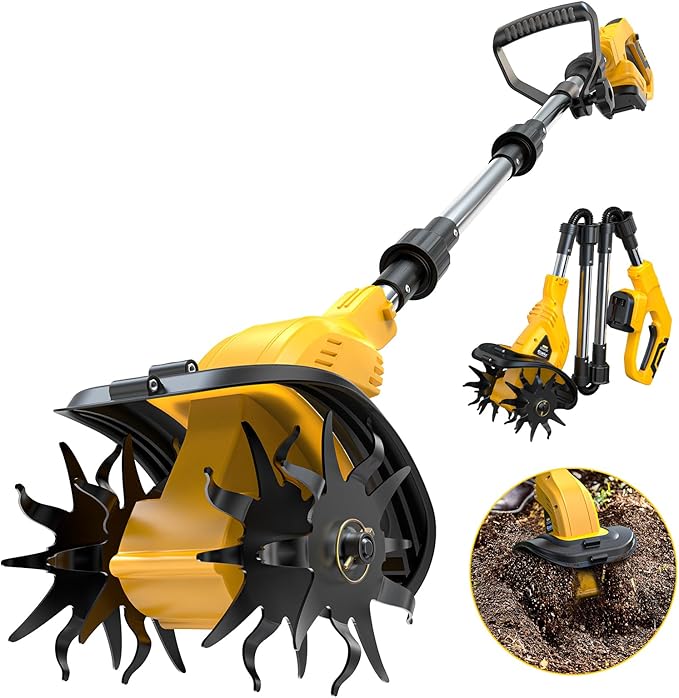 Cordless Tiller Cultivator Compatible with Dewalt 20V Battery(Tool Only), 450RPM Electric Tiller for Gardening, 9"x6.3" Tilling, 48 Reinforced Steel Tines Rototiller for Lawn/Soil Cultivation