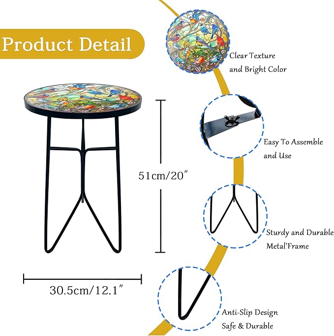 Mosaic Hummingbird Outdoor Side Tea Table, Glass Plant Tables Indoor Decorative Metal Patio Table, Outdoor Tables Unique Furniture - Weather-Resistant Patio Valentine's Day Decor