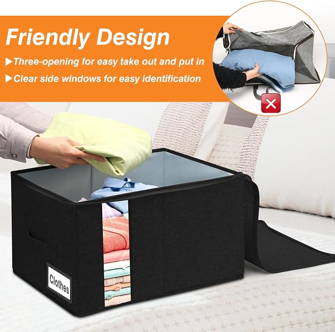 60L Rigid-Sided Blanket Storage Bags, 2 Pack, Black