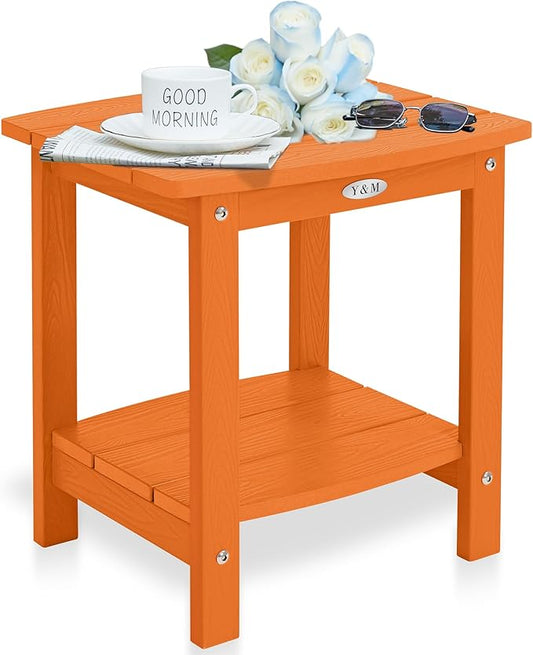 Y&M Outdoor Side Table, HIPS Adirondack Small Double Layer Table, Waterproof Square Outside Table, Balcony End Tables for Patio, Pool, Porch, Deck, Indoor or Outdoor Use, Orange