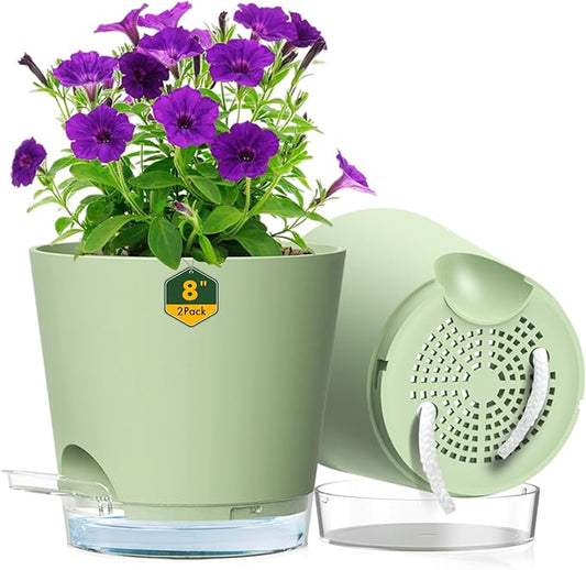 Meowell 8 inch Self Watering Pots for Indoor Outdoor Plants, 2 Pack Flower Plant Pots with Drainage Holes & Clear Reservoir for Visible Water Level, Plastic Wicking Planters for House Plants, Green