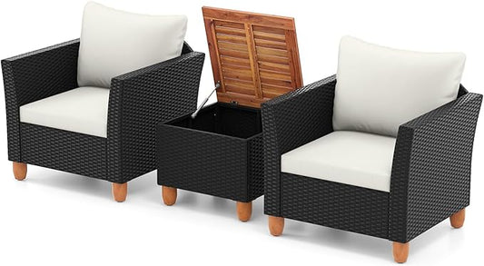 Tangkula 3 Pieces Patio Porch Furniture Set, PE Rattan Wicker Chair Conversation Set with Cushions and Storage Table, Outdoor Acacia Wood Bistro Set for Garden, Poolside (White)