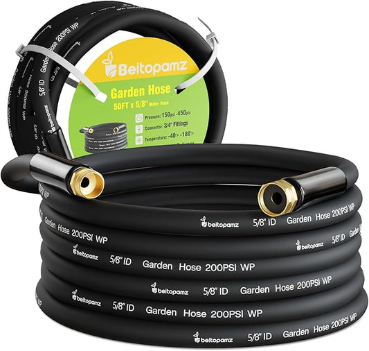Beitopamz Garden Hose 50 ft x 5/8 in Heavy Duty Water Hose, Flexible and Durable, Lightweight Rubber Hybrid Hose, Leak-Free Connections, Male to Female 3/4'' Brass Fittings for Patio, Lawn, Black