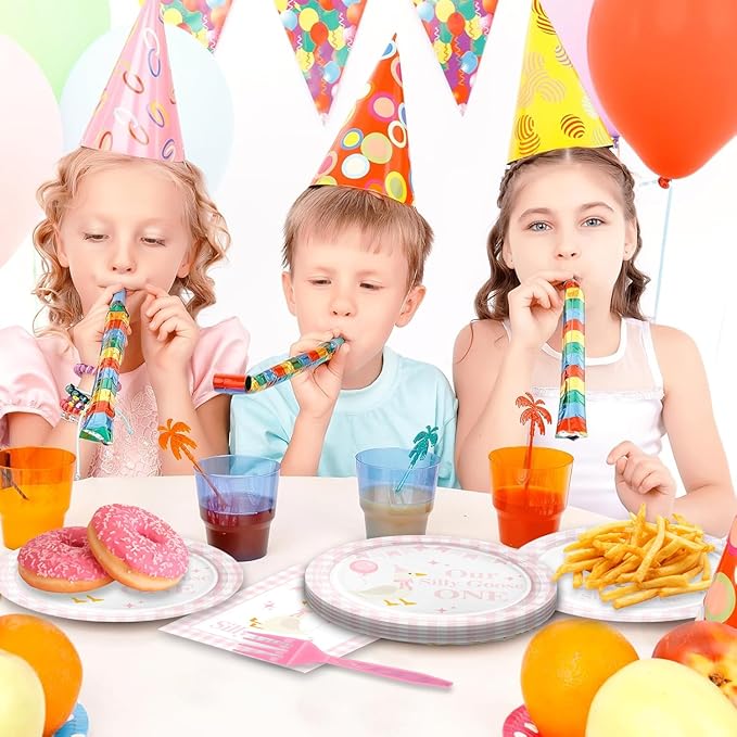 48Pcs Pink One Silly Goose Birthday Party Supplies with Plates,Napkins and Forks,Goose Birthday Party or Baby Shower Decorations Set for 16 Guests