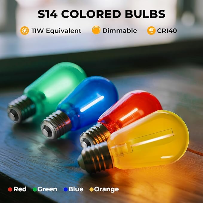 GvvooHome 36 Pack LED S14 Colored Light Bulbs for Outdoor String Lights, Shatterproof 1W Replacement Bulbs for Party Lights, 2200K Warm White, Dimmable, E26 Base, Multi-Color: Red/Green/Blue/Orange