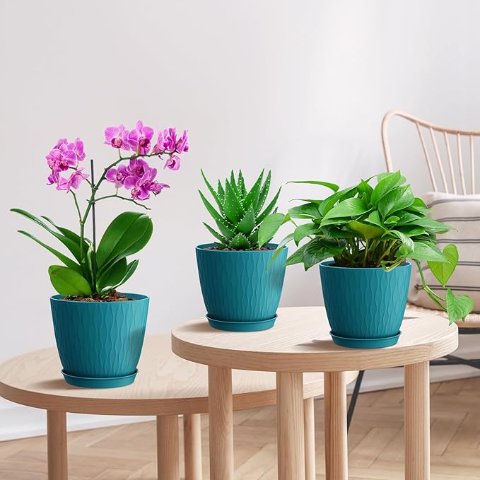 WSMKSZ 6 inch Plant Pots, 5 Pack Flower Pots with Drainage Holes and Saucers for Indoor Plants, Plastic Planters with Water Ripple for Small Garden House Plants, Nursery Pots for Succulent, Blue Green