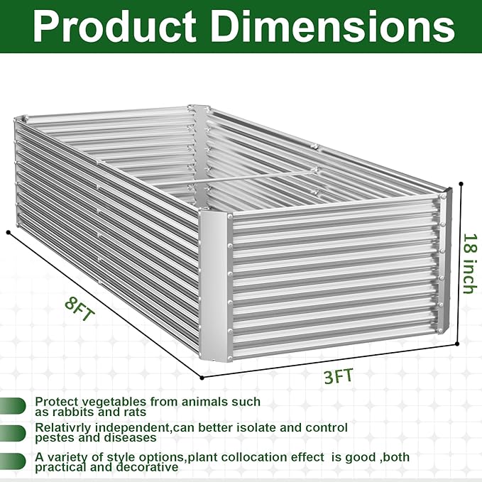 2 Pack Tall 8x3FT Corrugated Galvanized Steel Raised Garden Bed Outdoor, Metal Above Ground Garden Bed for Vegetables and Flowers, Rectangle Raised Beds for Gardening-8x3x1.5FT