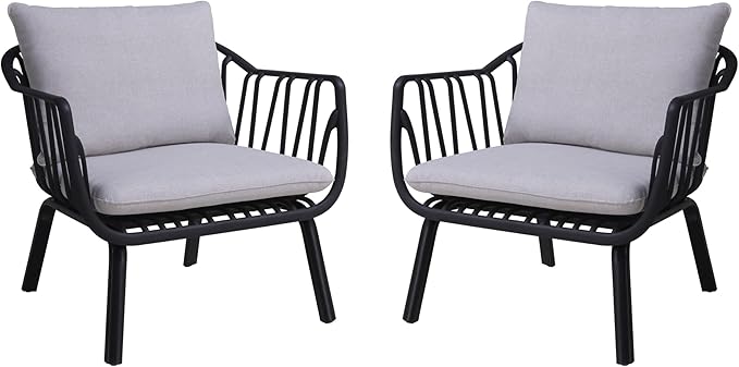 Christopher Knight Home Outdoor Club Chair, Arm Chairs with Cushions, Modern Patio Basket Bucket Seating, Black Basket Weave Chair Sets for Poolside Patio, Plastic Club Chairs Set of 2, Grey