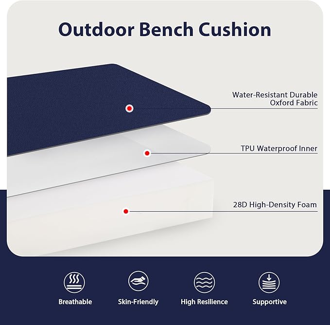 Favoyard Outdoor Bench Cushion 42 x 18 Inch Waterproof Patio Furniture Cushions 3-Year Color Fastness Garden Sofa Settee Couch Swing Pads with Handle and Attach Ties, Blue