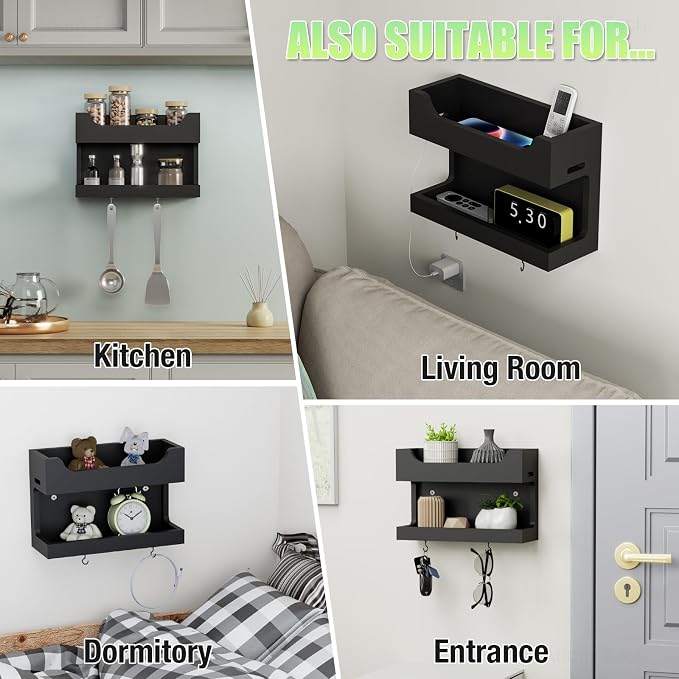 NiHome Bedside Wall Shelf Organizer, Wood 2-Tier Floating Nightstand, Black