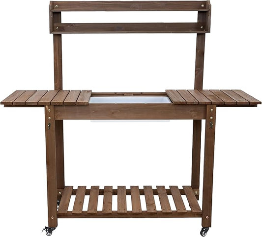 Sunnydaze Wheeled Garden Potting Bench with Sink - Outdoor Potting Table - Garden Table with Planting Station and Hooks - Brown