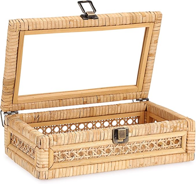 Hipiwe Rattan Storage Box with Lid Vintage Decorative Basket for Home Decor | Handwoven Wicker Basket Box for Display, Rectangular Storage Bin for Remotes, Keepsake, 9.8" x 5.9" x 3.1"