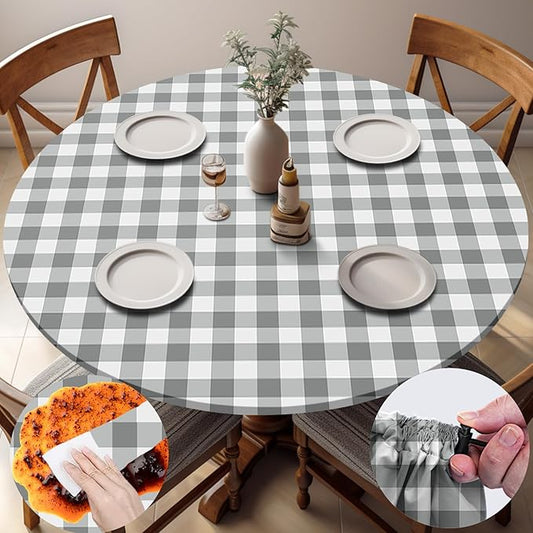 Fitted Round Tablecloth Wipe Clean Table Cloth Vinyl Inside Outside Circle Cover for 36-44" Tables Dining Kitchen Family Festival Items Gifts Summer Fall Patio Picnic Camp Garden Essential
