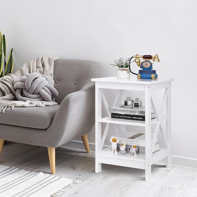 ZenStyle Set of 2 End Table 3-Tier X-Design Side Table with Storage Shelves Sofa Side Table Storage Organizer Display for Bedroom, Living Room, Office, Nursery Room, White