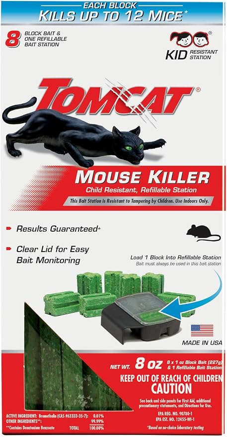 Tomcat Mouse Killer, Child Resistant, Refillable Station with 8 Bait Blocks | Tamper-Resistant Indoor Bait Station with Clear Monitoring Window, 1 Refillable Station with 8 Bait Blocks