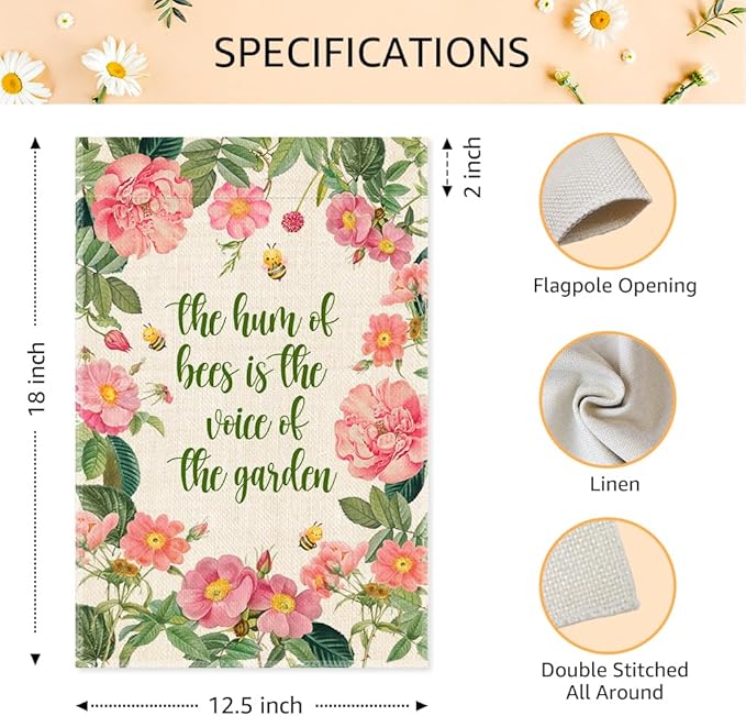 The Hum Of Bees Is The Voice Of The Garden Flags for Outside, Bees Friendly Garden Flag, Honey Bee Floral House Banner, National Pollinator Week Yard Sign Decor, Gardening Gifts for Bee Lover