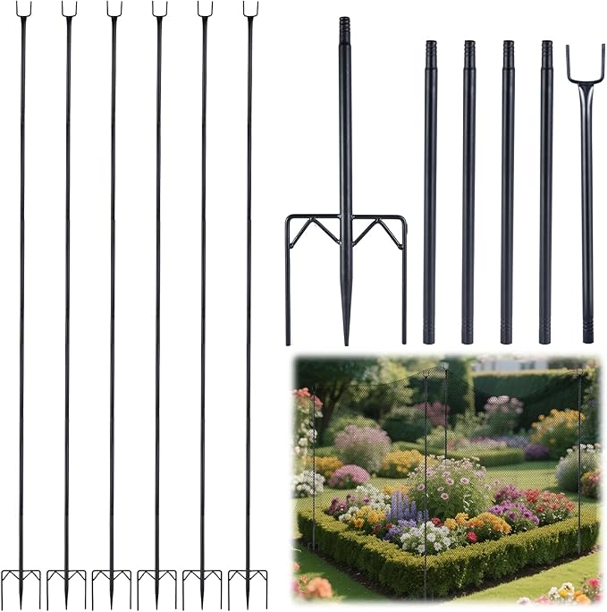 6 Pack 7.2ft Metal Garden Netting Support Stakes, Heavy Duty Garden Netting Pole with 50 Tie Rustproof Gardening Fence Stake Crop Cage Protection Post Frame for Support Fruits Garden Bed Plant Net