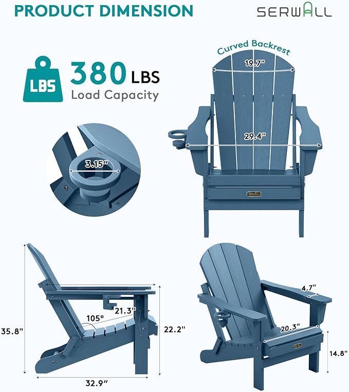 SERWALL Folding Adirondack Chair with Cup Holder Set of 4, Weather Resistant HIPS Patio Chairs, Wooden Textured, Fire Pit Chairs for Garden Outdoors Fire Pit - Blue