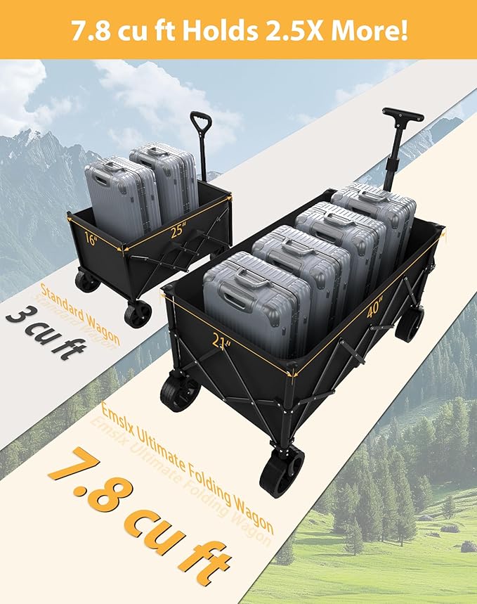 7.8 Cu ft Extra Large Foldable Wagon Cart, 360lbs Capacity, All-Terrain Beach Wagon with Big Wheels for Sand, Compact Fold Easy Storage, 220L Collapsible Utility Cart for Grocery Sports Garden Camping