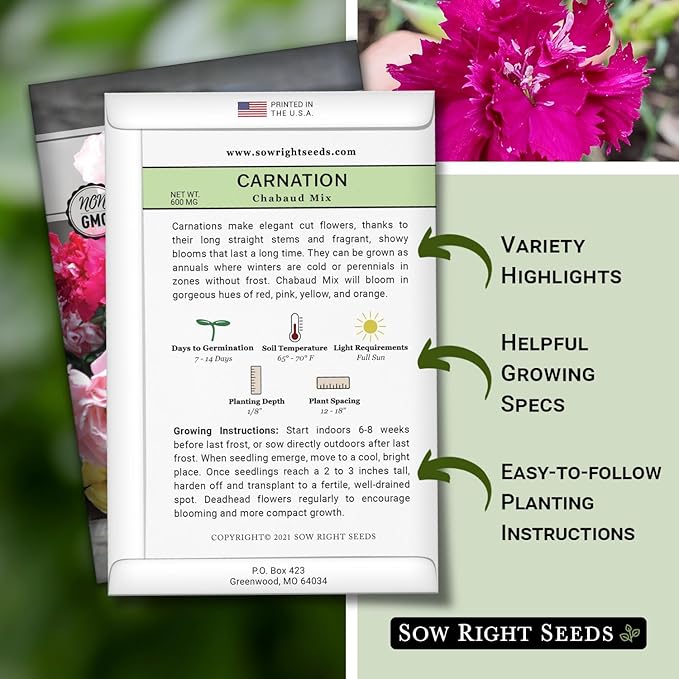 Sow Right Seeds - Chabaud Mix Carnation Seeds for Planting - Non-GMO Heirloom Dianthus Variety Ideal for Outdoor Gardens - Grow Large Carnation Plants - Easy to Sow and Bloom Beautiful Flowers (4)