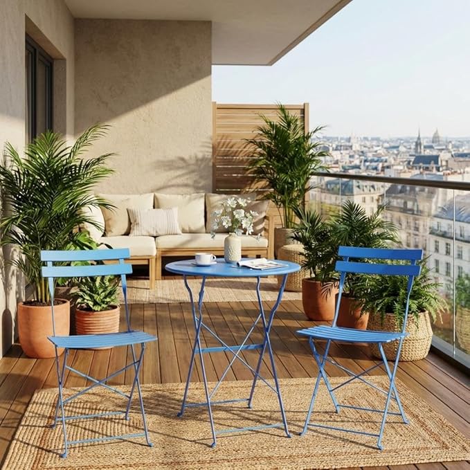 Garvee 3-Piece Folding Bistro Set Outdoor Patio Furniture, Space-Saving Foldable Chairs & Table with Heavy-Duty Powder-Coated Steel Frame, No Assembly Required, for Garden, Balcony, Backyard, Blue