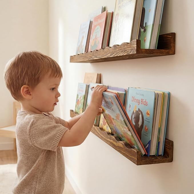 Fun Memories Picture Ledge Shelf for Wall, 24 inch Pine Wood Nursery Book Shelves Set of 2- Wall Book Shelves for Kids Room, Home Decor - Kitchen Spice-Carbonized