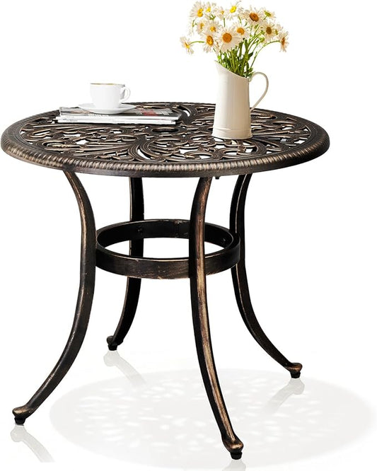 Outvita Patio Side Table, 23.6in Outdoor Round Cast Aluminum Bistro Table with Umbrella Hole and Antique Design for Backyard Porch Pool Balcony Deck Bronze