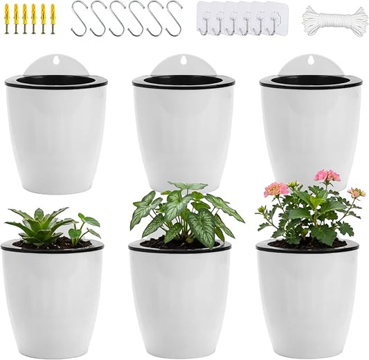 ORIMERC 6 Pack Hanging Planter Wall Planter Self Watering 5 inch Plant Pot with Hardware Vertical Planter Outdoor Indoor Plants Herb Garden Home Décor Kitchen Balcony Railing Shelf Fence (Medium)