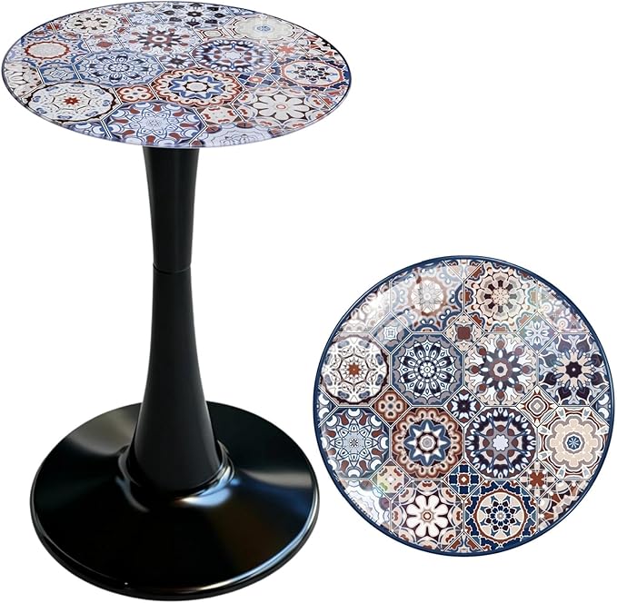 Simmer Stone 13.4" Outdoor Side Table, Round Patio Bistro Table Printed Tempered Glass Top, Waterproof Rust-Proof Base, Small Plant Stand for Balcony, Garden, Deck, 21.6" H (Bohemia)