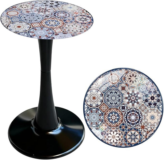 Simmer Stone 13.4" Outdoor Side Table, Round Patio Bistro Table Printed Tempered Glass Top, Waterproof Rust-Proof Base, Small Plant Stand for Balcony, Garden, Deck, 21.6" H (Bohemia)