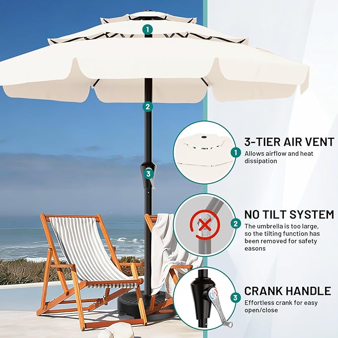 AreShark 11FT 3-Tiers Patio Umbrella with Valance, Outdoor with Crank, Large Outdoor Market Umbrellas Vented with 8 Sturdy Ribs, Patio Table Umbrellas for Garden, Deck, Backyard, Pool, Cream White