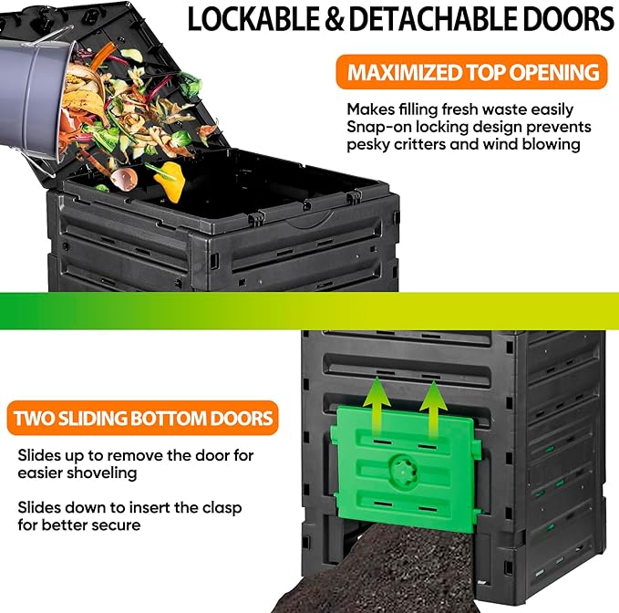 SUPER DEAL 120 Gallon Compost Bin, 450L Outdoor Garden Waste Composter with Flip-top Lid and Bottom Door, Large Capacity BPA Free Material for Fast Creation of Fertile Soil, Easy to Assemble, Black