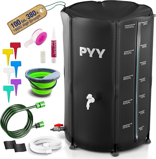 PYY Rain Water Collection Barrel - 100 Gallon Black Large Water Storage Tank with Spigots, Portable Rain Catcher to Collect Rainwater from Gutter, Plastic Rain Catchment System with Collapsible Bucket