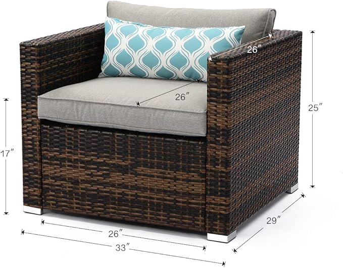 COSIEST All-Weather Patio Chair, Single Brown Wicker Chair with Thick Gray Cushions & Teal Pillow, Outdoor Rocking Chair for Porch, Garden, Poolside