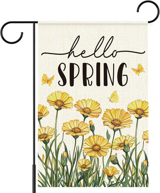 Hello Spring Flags for Outside,Yellow Daisy Garden Flag for Yard Patio Lawn Decoration,12x18 Inch Double Sided