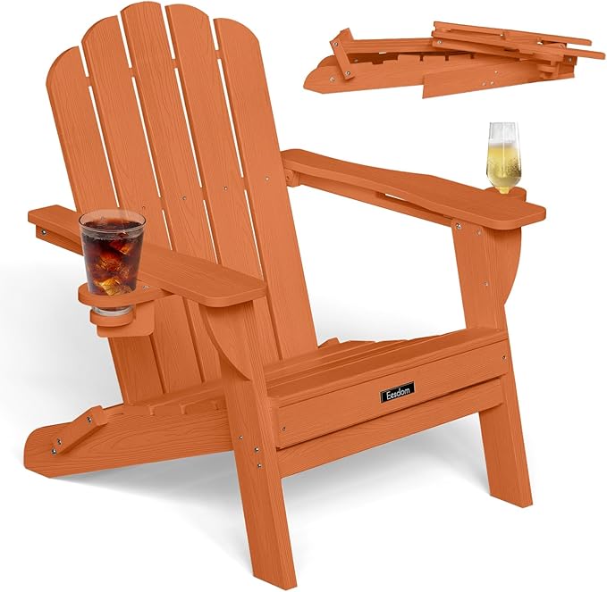 Adirondack Chair, HDPE Material Fire Pit Chairs, Plastic Adirondack Chairs with 2 Cup Holder, Outdoor Lawn Chair for Patio Garden, Orange