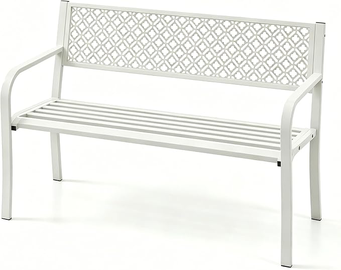 Garvee Outdoor Metal Garden Bench for 2 Person, Heavy Duty Steel Patio Bench 790 Lbs Capacity, Weather Resistant Black Porch Seating with Geometric Backrest, Outdoor Furniture for Yard, Deck, Entryway