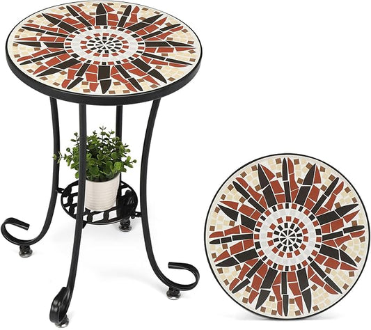 VINGLI Mosaic Outdoor Side Table, 14" Round End Table, Accent Table, Ceramic Tile Top Black Iron,Brown Flower